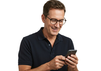 Smiling man in glasses holding a smartphone isolated on transparent background