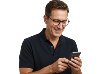 Smiling man in glasses holding a smartphone isolated on transparent background