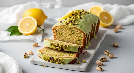 Lemon Pistachio Cake - Drizzled Glaze, Sliced, Fresh Citrus, Elegant Dessert.
