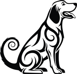 Stylized dog silhouette vector — artistic black design with spiral tail, flowing lines, tribal curves, sitting pose, decorative pet icon
