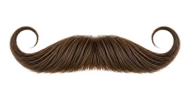 Brown hair mustache with swirled ends isolated on transparent background