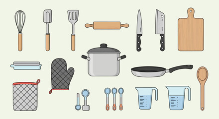 Kitchenware Vector Illustration with Cooking Utensils and Flat Design in Light Gray