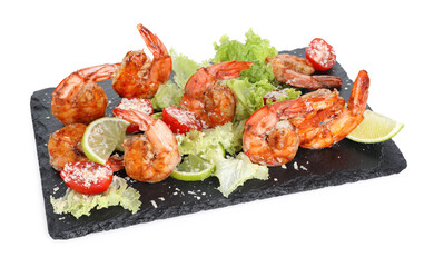 Tasty grilled shrimps with salad isolated on white. Delicious seafood dish