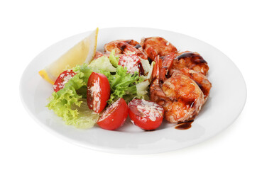 Tasty grilled shrimps with salad isolated on white. Delicious seafood dish