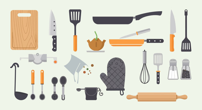 Kitchen Vector Illustration Cooking Utensils Food Preparation Elements in Modern Flat Design