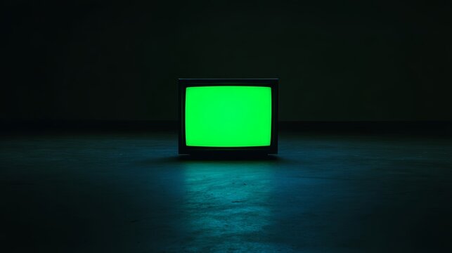 Vintage television with green screen in dark room, eerie atmospheric glow