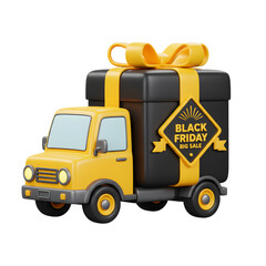 3D Black Friday Big Sale Delivery Truck with a Large Gift Box. Shopping, E-commerce, and Marketing Concept.
