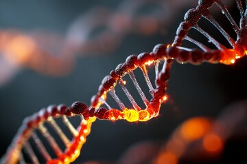 Glowing dna strand on dark background showcasing helix structure and genetic science