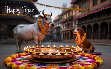 Tihar festival animal worship with cow, dog, and crow