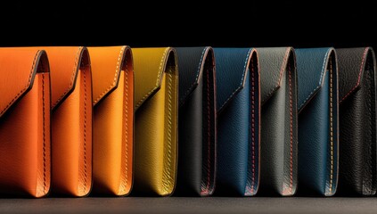 Stylish collection of slim leather wallets in vibrant and dark colors.