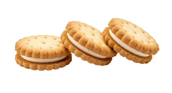 Cream filled sandwich cookies sweet treat golden brown biscuits delicious snack food photography dessert image bakery product culinary delight appetizing closeup high resolution transparent background - Powered by Adobe