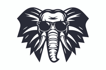 Monochrome elephant head sporting sunglasses with striking design details and bold, iconic look
