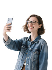 Smiling woman in jean jacket takes a selfie with transparent background for social media, branding. PNG available for digital projects.
