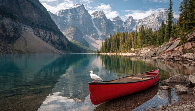 Red canoe rests on a tranquil turquoise mountain lake reflecting majestic peaks.