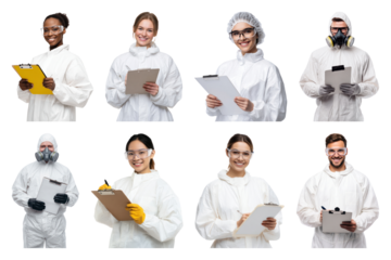 PNG Diverse scientists in protective gear, element set on transparent background