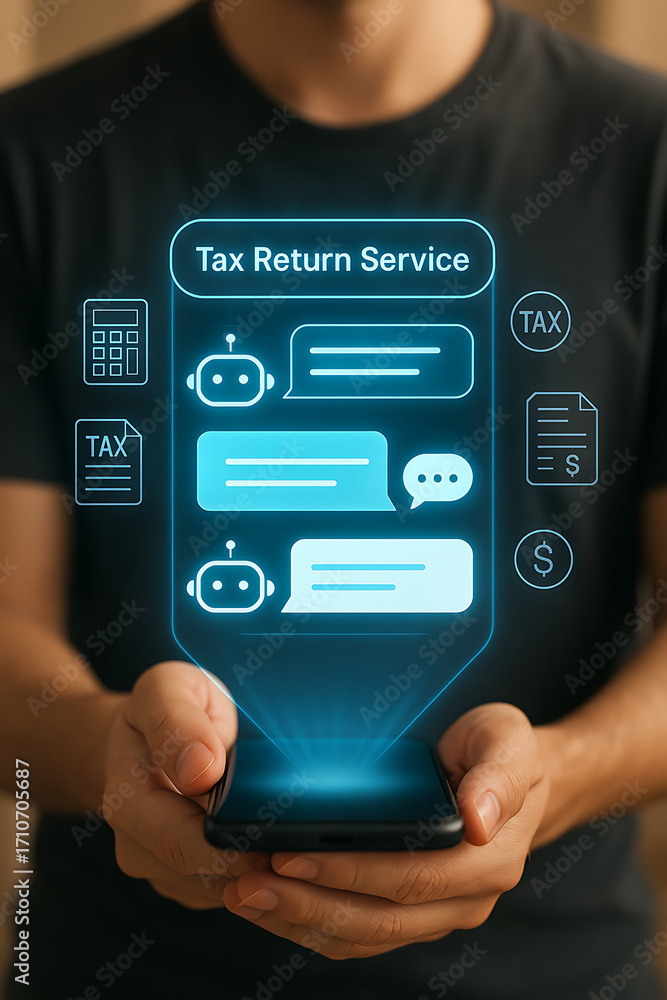 Poster a person is using a tax return service chatbot on their smartphone to receive virtual tax advice wit