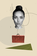 Exclusive image art pop trend collage of happy girl pouted lips instead body suitcase refugee travel adventure migration concept