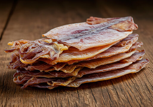 A rustic close-up of dried squid with a delicate texture on a wooden table