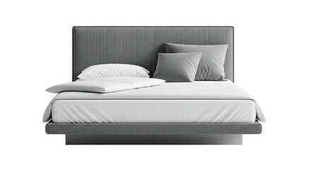 Gray platform bed with white bedding and gray pillows