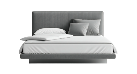 Gray platform bed with white bedding and gray pillows