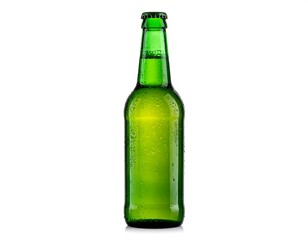 Green beer bottle, wet, isolated