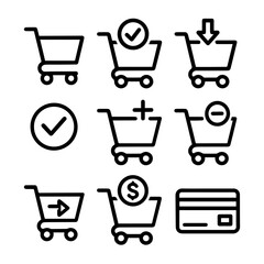 Collection of shopping cart icons with various symbols like check mark, arrow, plus, minus, dollar, and a credit card icon.