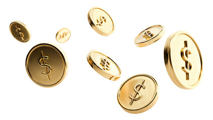 Obraz na płótnie Canvas Shiny gold dollar coins flying in mid air, isolated on transparent cutout background