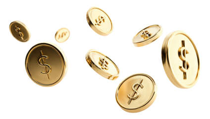 Shiny gold dollar coins flying in mid air, isolated on transparent cutout background