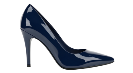 High heel shoe navy blue patent leather elegant footwear pointed toe side view transparent background
