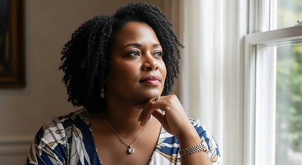 Pensive Black Woman by Window, Thoughtful Portrait