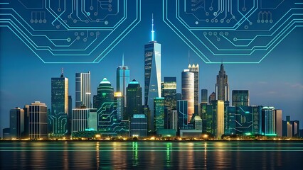 Futuristic cityscape with digital network overlay at night
