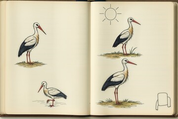 Educational children’s book illustration with storks, vintage drawing style in natural colors, learning and wildlife concept with space to copy