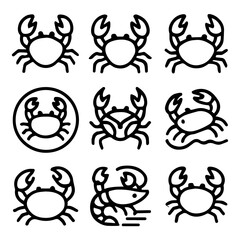 Nine black and white line art illustrations of crabs and shrimp, showcasing various poses and styles.