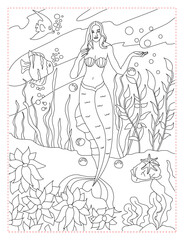 Beautiful Mermaid in the Ocean Coloring Page: A Fantasy Aquatic Scene
