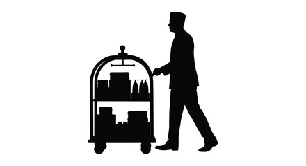 Silhouetted bellhop pushing a luggage cart with cityscape reflection