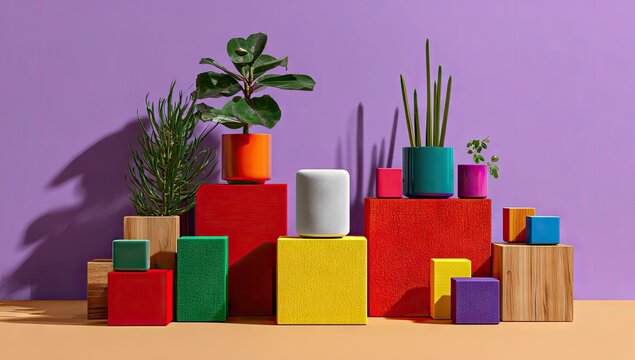 Modern smart speaker displayed with colorful blocks and plants on purple background. - Powered by Adobe