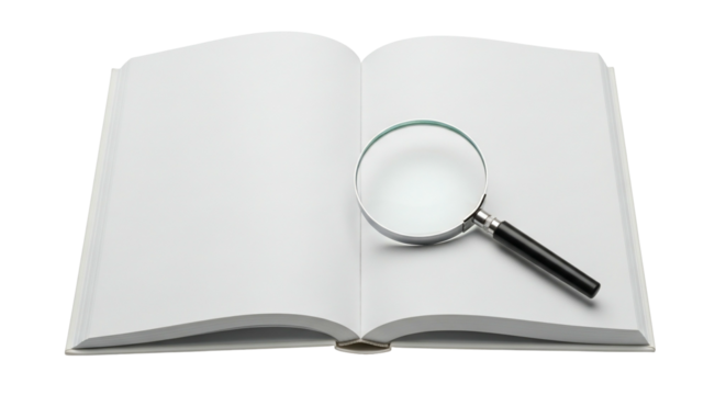 Open book with magnifying glass on transparent background