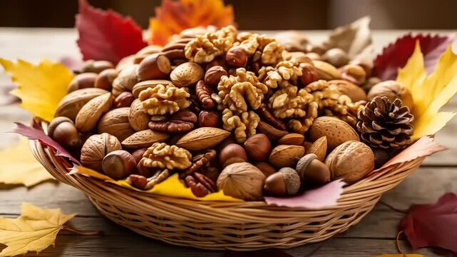 Assorted nuts in a wicker basket, surrounded by autumn leaves and a pine cone.