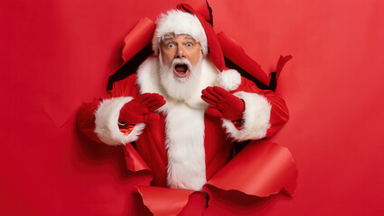 Jolly Santa Claus with a startled look, bursting through vibrant red background paper, bringing unexpected christmas excitement