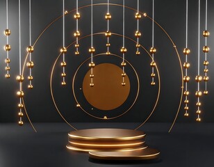 Elegant gold stage with circles and hanging spheres