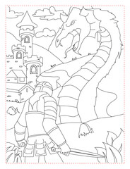 Knight Fighting a Dragon Coloring Page: Epic Fantasy Battle Scene