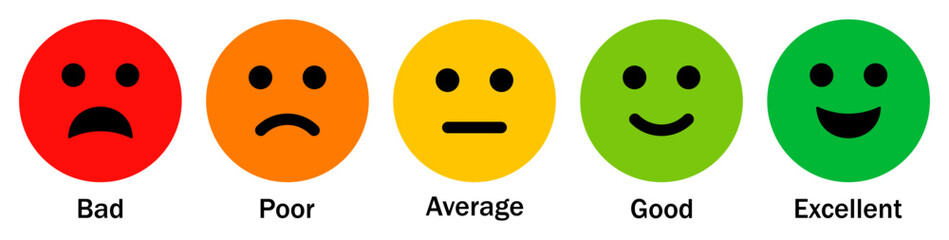 Fototapeta premium Rating emoji icon set isolated on white background. Feedback rating emoji icons set. Bad, poor, average, good and excellent. Vector illustration.