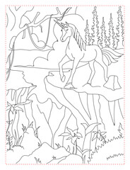 Majestic Unicorn on a Cliff Coloring Page: A Mythical Fantasy Scene
