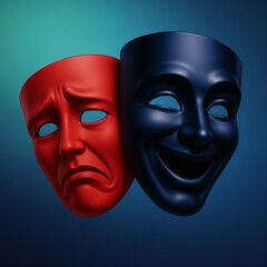 Theatrical comedy and tragedy masks in 3D style, red and blue colors, drama and performance concept, World Theatre Day