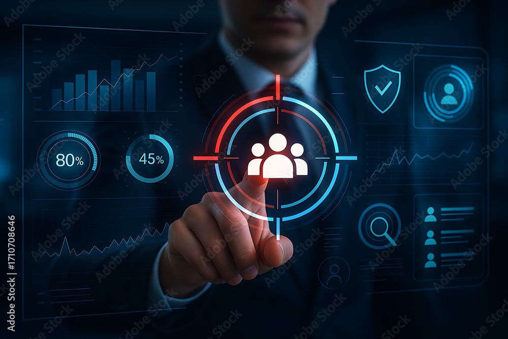 Poster a businessman's hand is touching a glowing futuristic screen with a target on a team and other data 