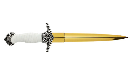 Ornate gold and silver dagger with white handle on transparent background