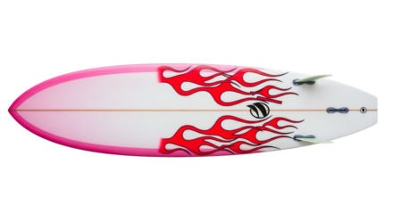 Pink surfboard with flame design top view transparent background