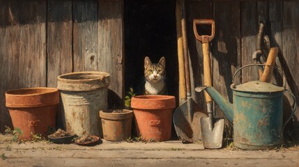 Cat among garden tools
