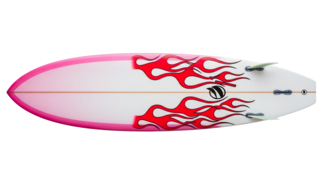 Pink surfboard with flame design top view transparent background - Powered by Adobe