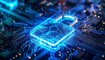 Digital Fortress: A mesmerizing close-up reveals a futuristic lock of security glowing amidst a complex circuit board, symbolizing digital protection in an ever-connected world.